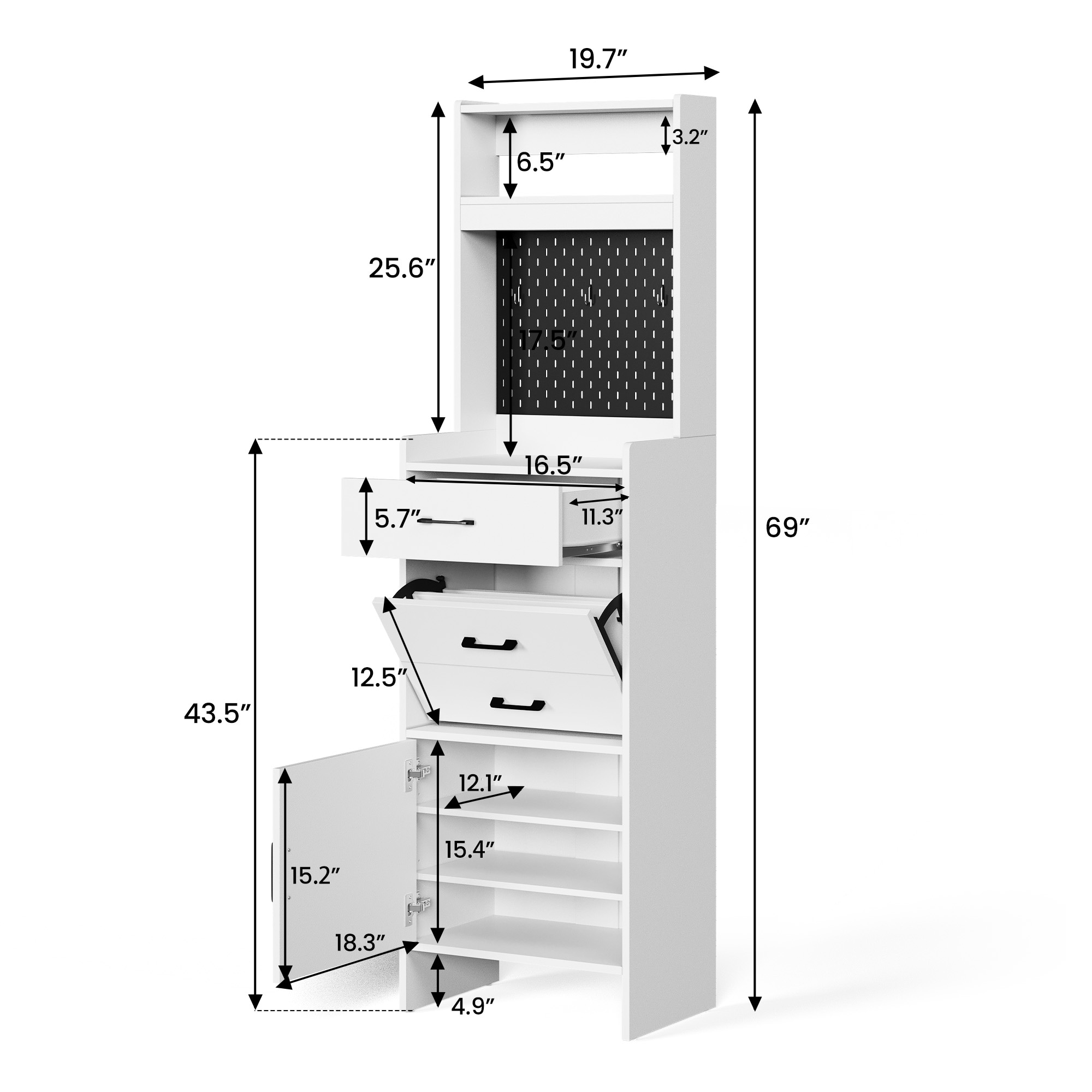 5-in-1 Shoe Cabinet With Flip Drawer, Entryway Shoe Storage With Pegboard, Adjustable Shelf, Wood Entryway Cabinet, White_voghion.com